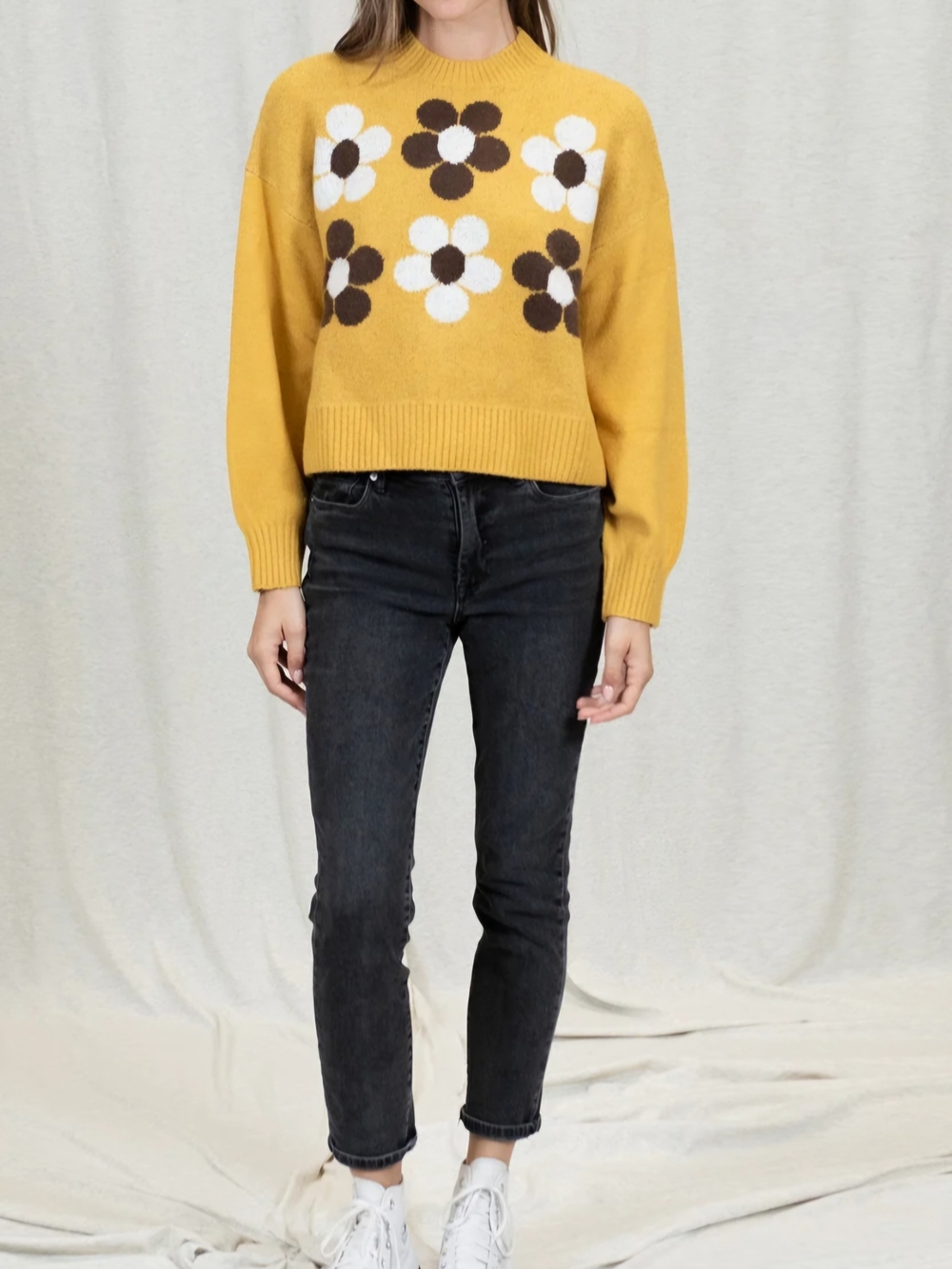 Coco & Jaimeson Mustard Yellow/Brown Daisy Floral Print Jacquard Sweater Small